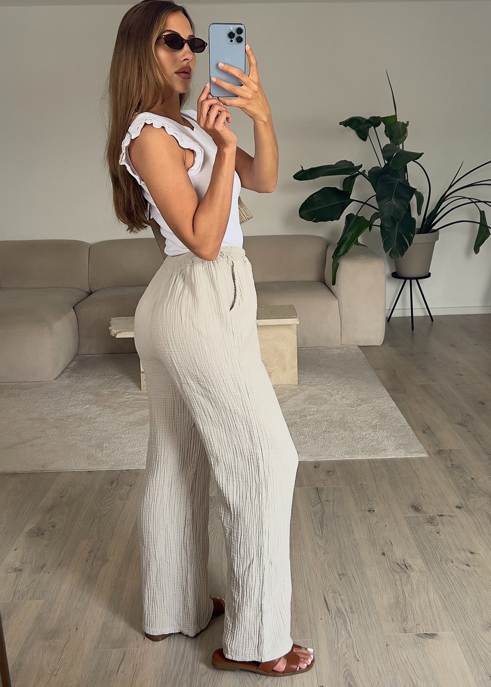 Beige Musselin-Hose mit weitem Schnitt – 100 % Baumwolle von NAHA.