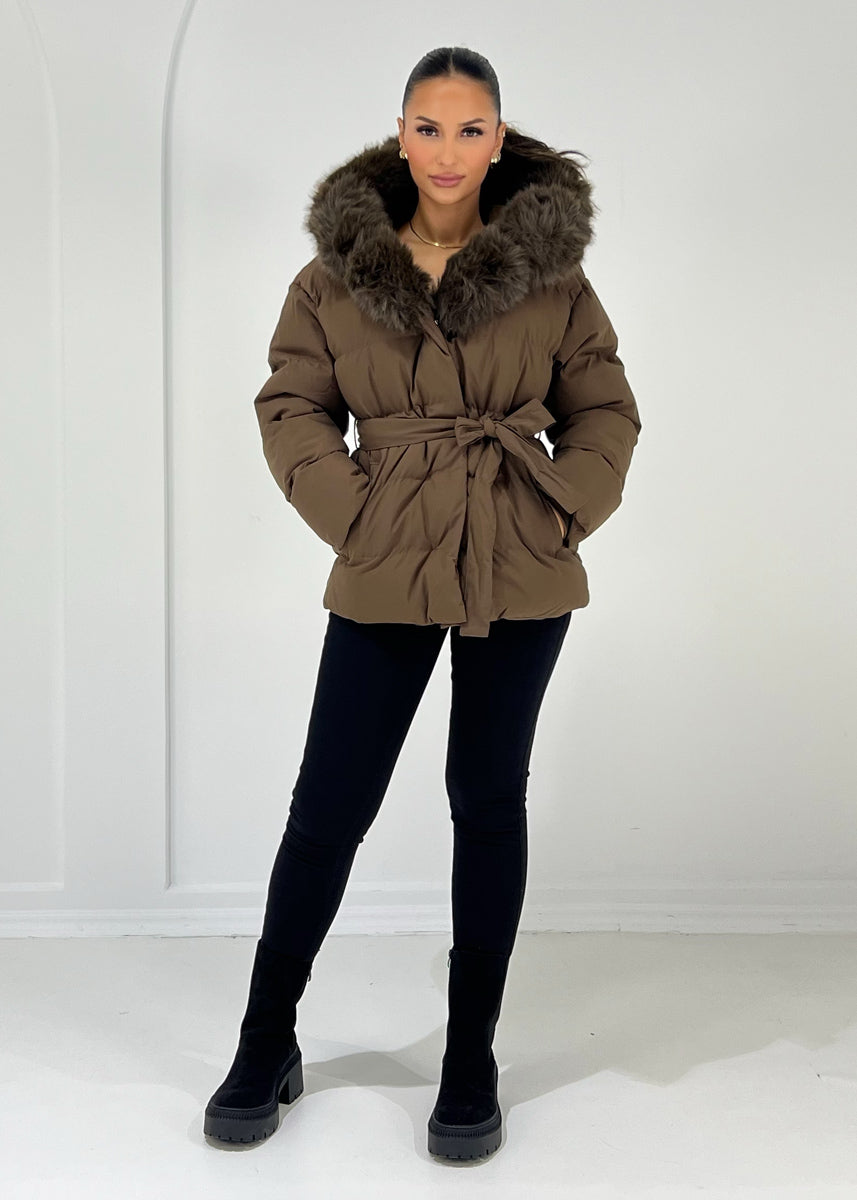 Steppjacke mit Kapuze & Bindegürtel