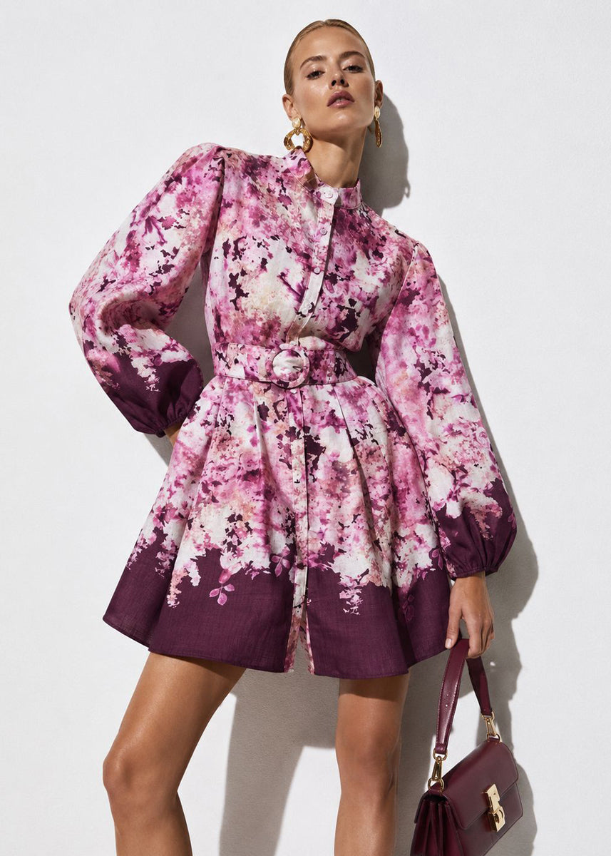 Blusenkleid mit Floralprint & Gürtel Lila