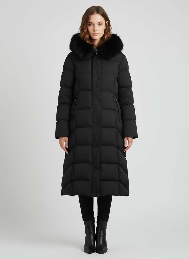 Langer Steppmantel mit Kunstfellkapuze