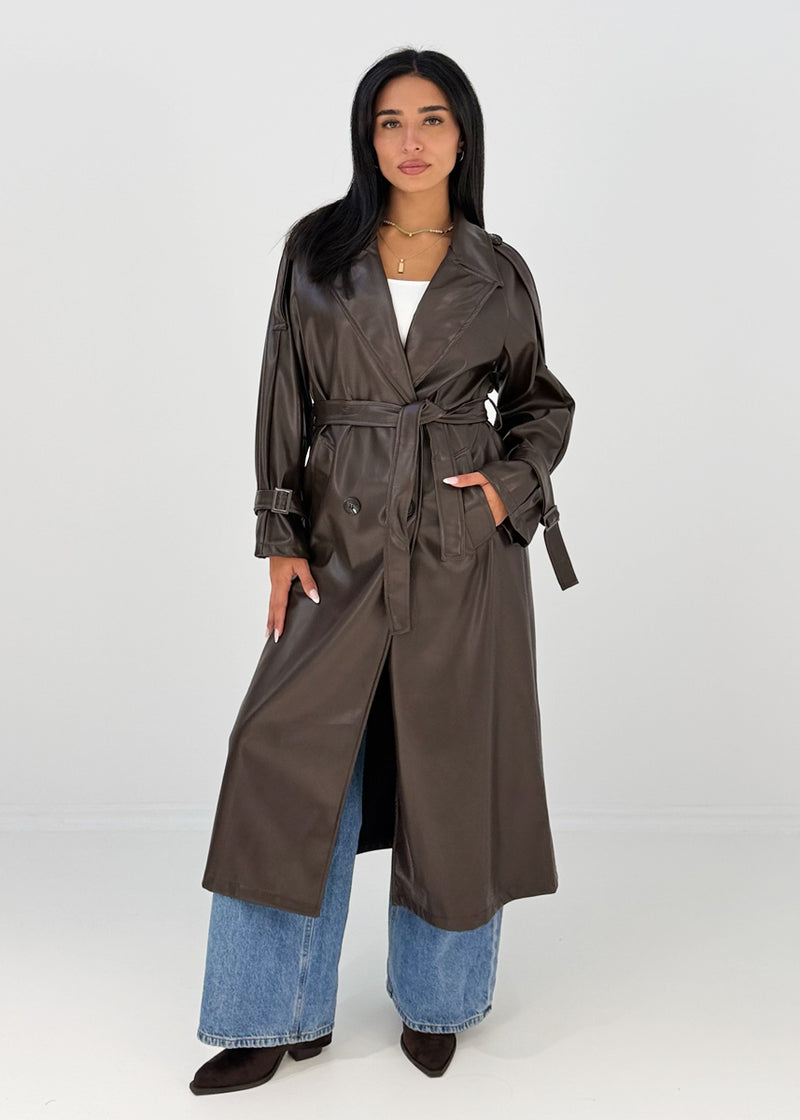 Langer Trenchcoat in Lederoptik