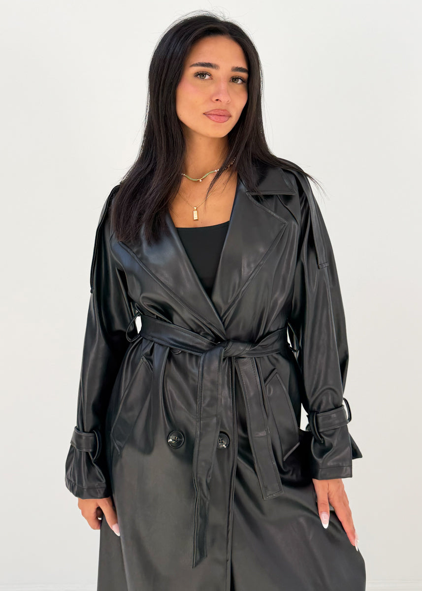Langer Trenchcoat in Lederoptik