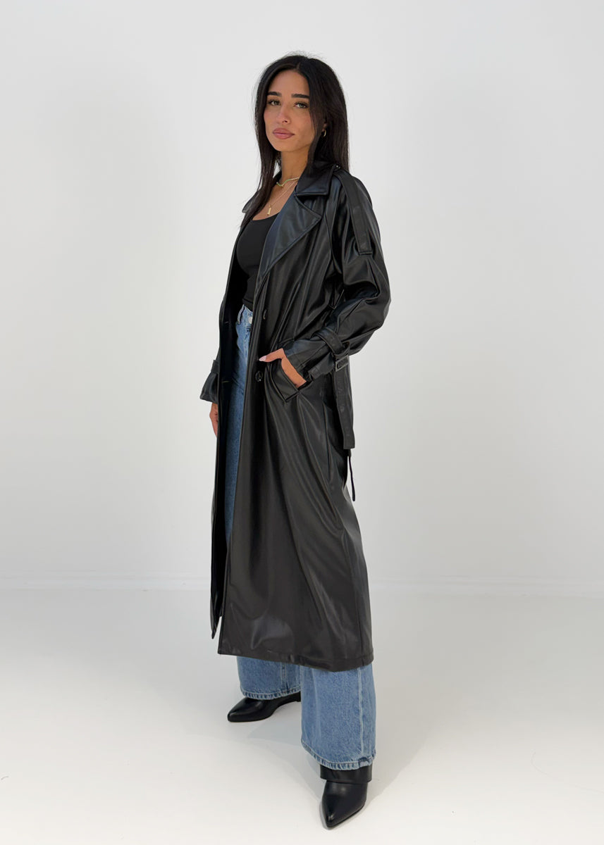 Langer Trenchcoat in Lederoptik