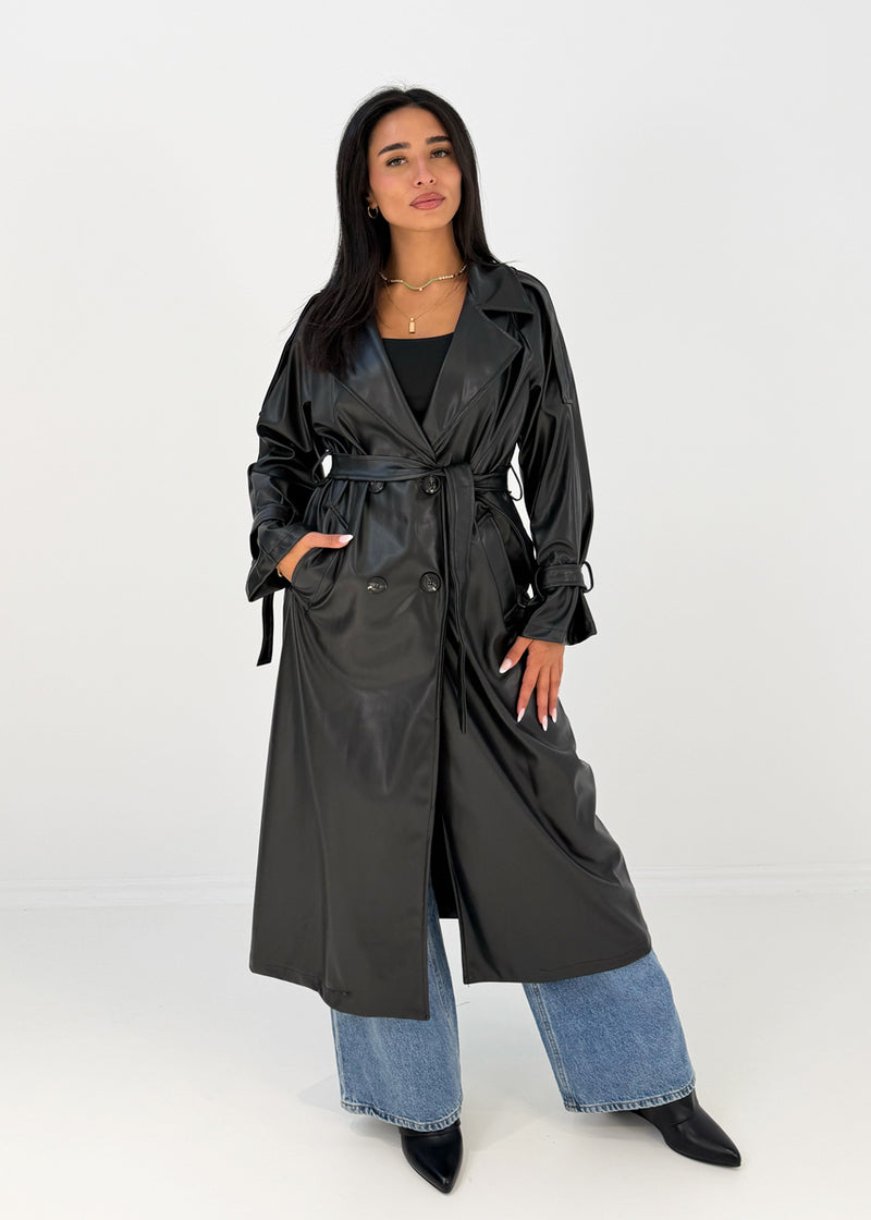 Langer Trenchcoat in Lederoptik