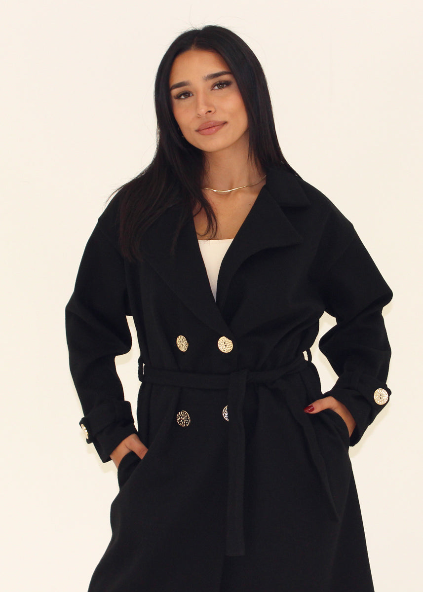 Mantel mit Bindegürtel & Goldknöpfen