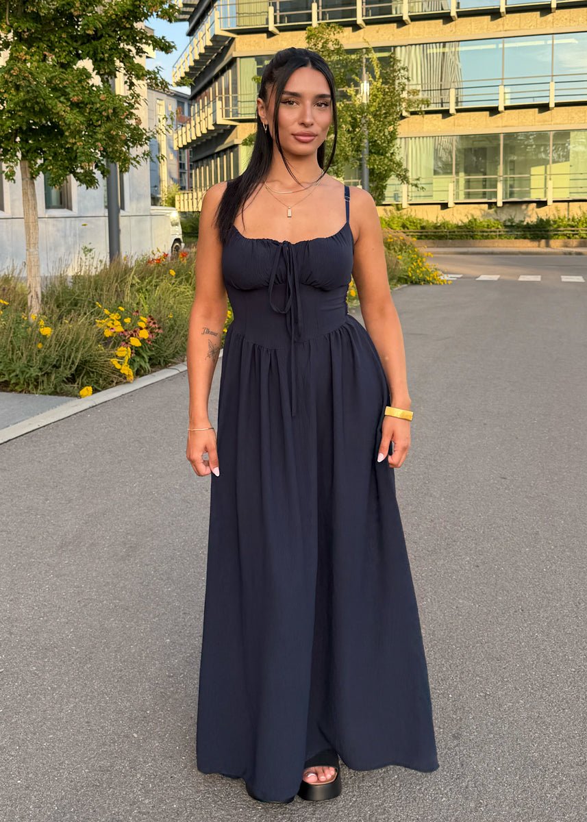 Maxikleid mit Schleife & Spaghettiträgern Dunkelblau - NAHA
