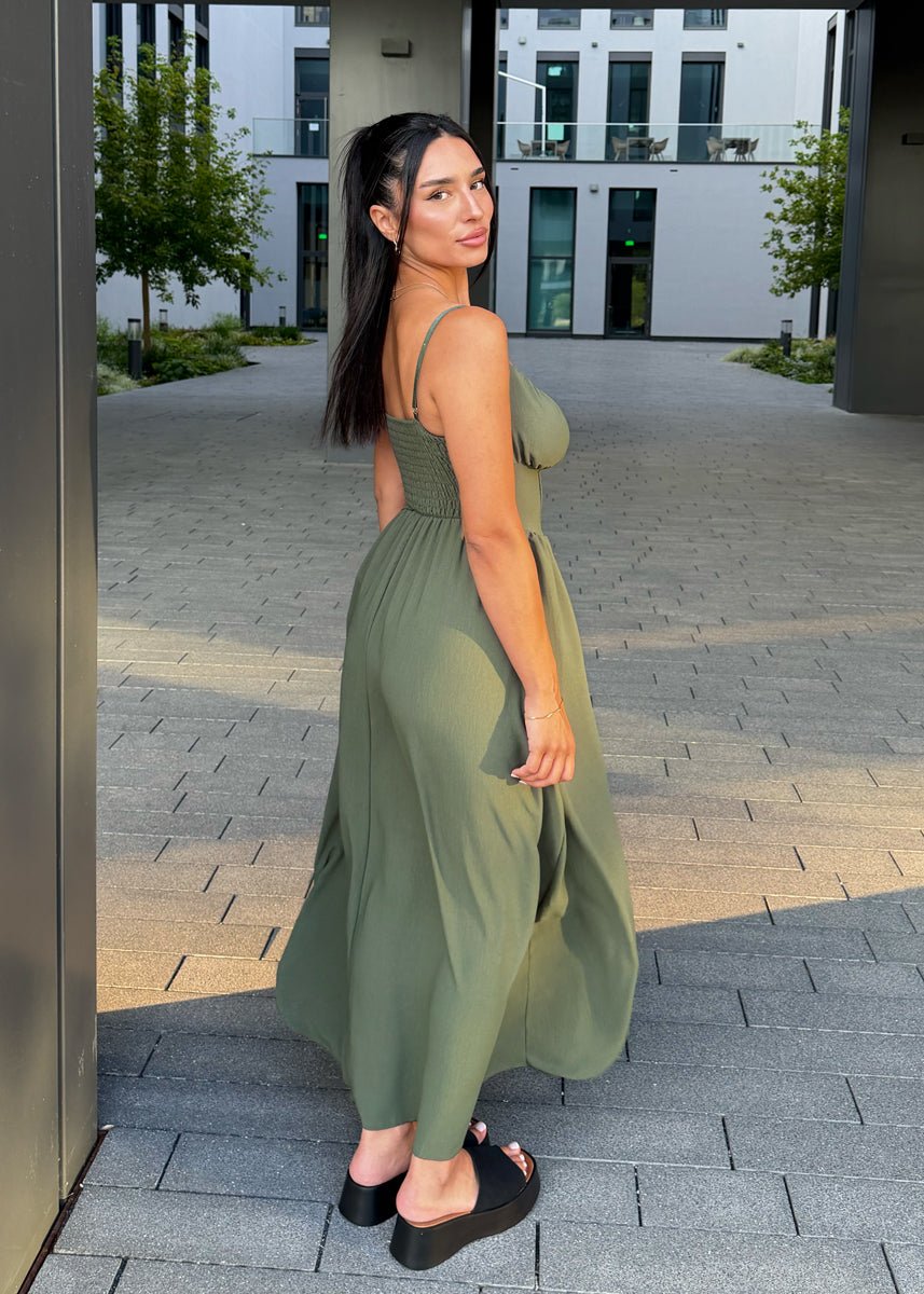 Maxikleid mit Schleife & Spaghettiträgern Khaki - NAHA