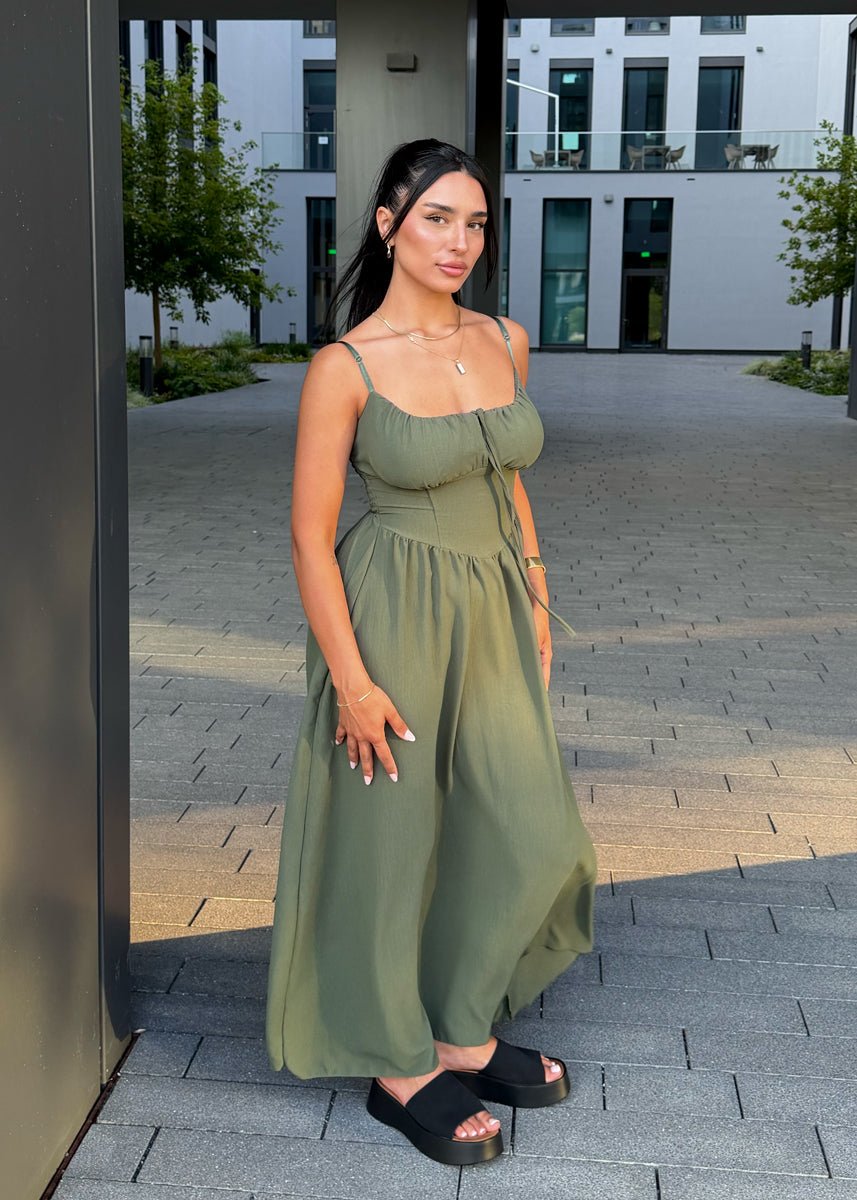 Maxikleid mit Schleife & Spaghettiträgern Khaki - NAHA
