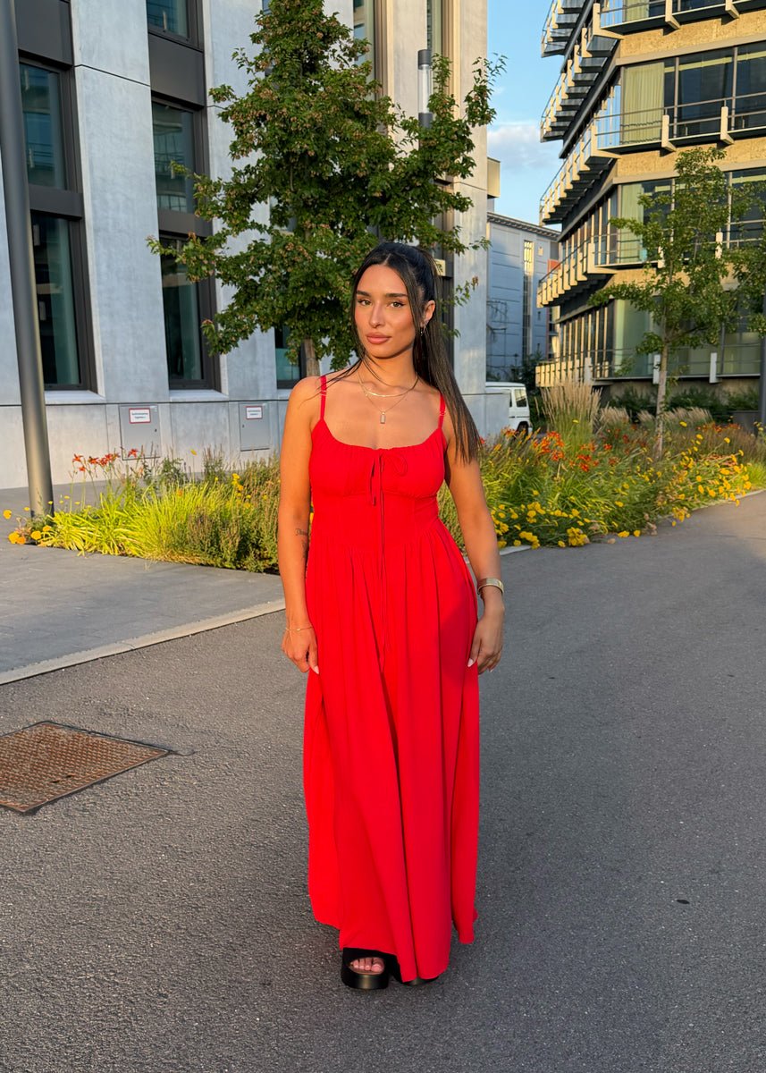 Maxikleid mit Schleife & Spaghettiträgern Rot - NAHA
