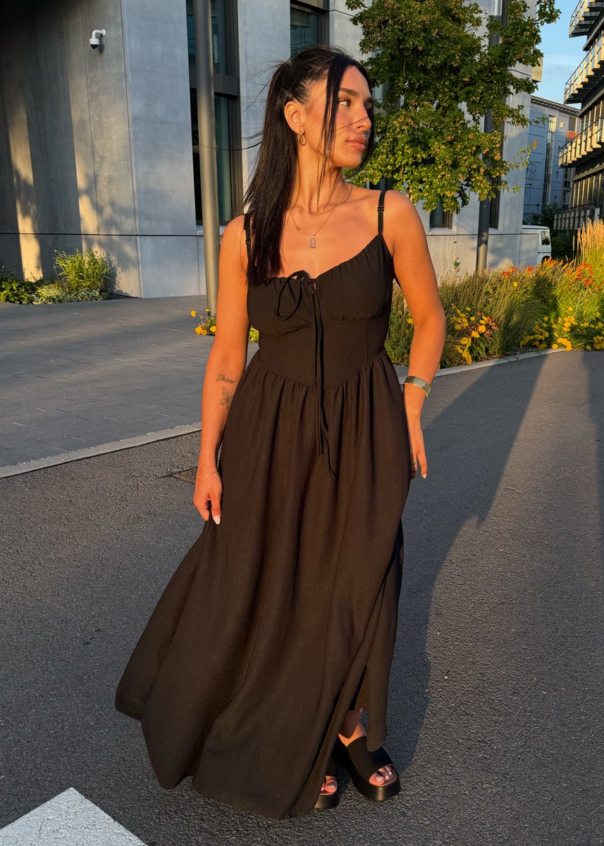 Maxikleid mit Schleife & Spaghettiträgern Schwarz - NAHA