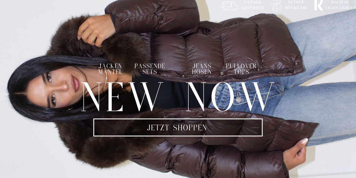 Frau trägt braune Steppjacke mit Kunstfellkapuze von NAHA, New-in-Kollektion mit Jeans, Pullover und Sets