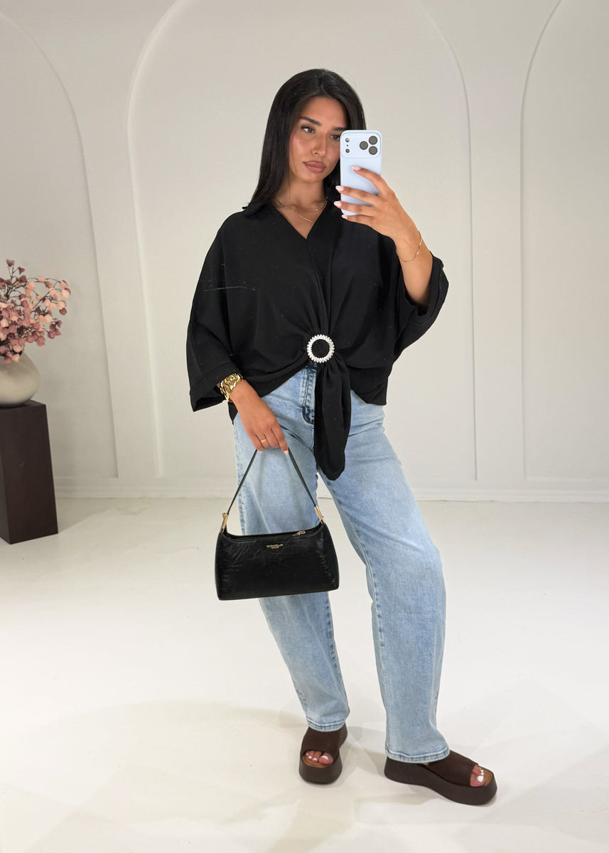 Oversize-Bluse mit Schmuckring-Detail Schwarz