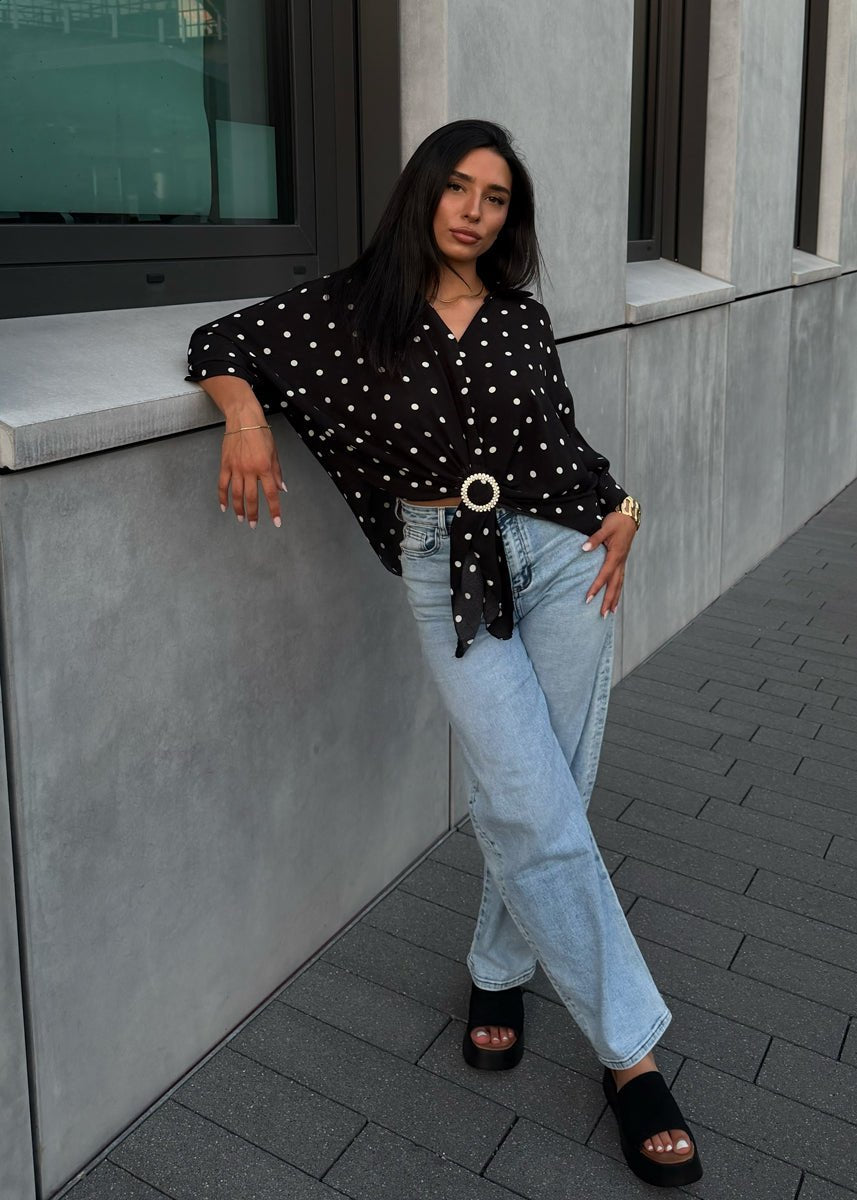 Oversize-Bluse mit Polka Dots & Schmuckring Schwarz - NAHA