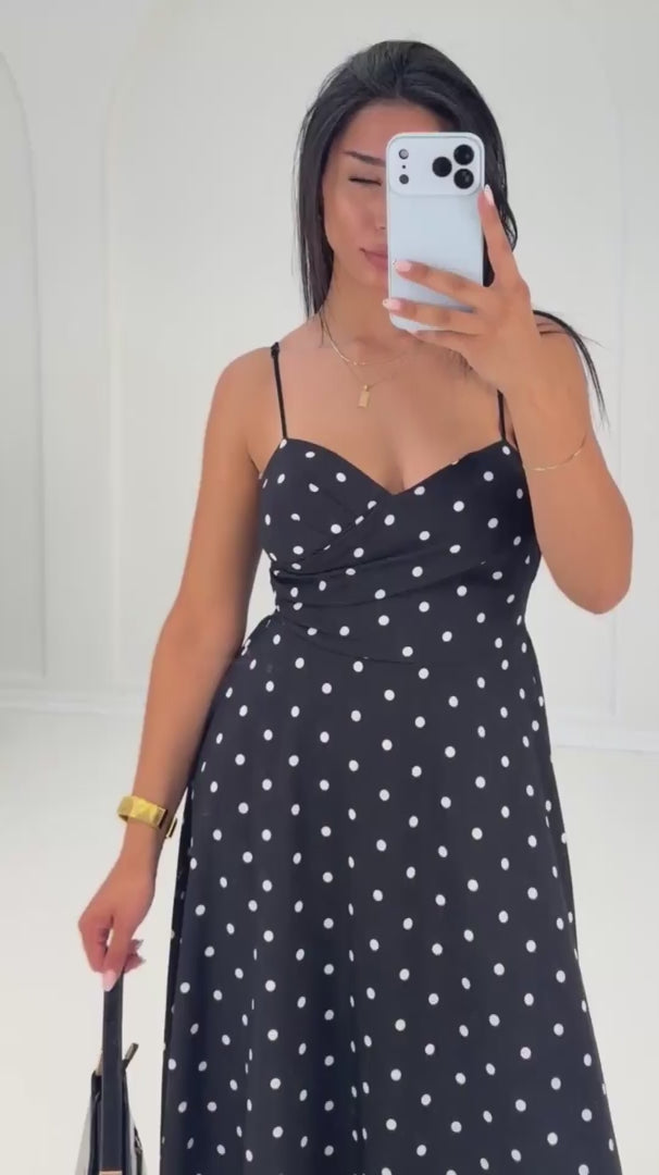 Midikleid mit Punkten & Spaghettiträgern – Schwarz NAHA