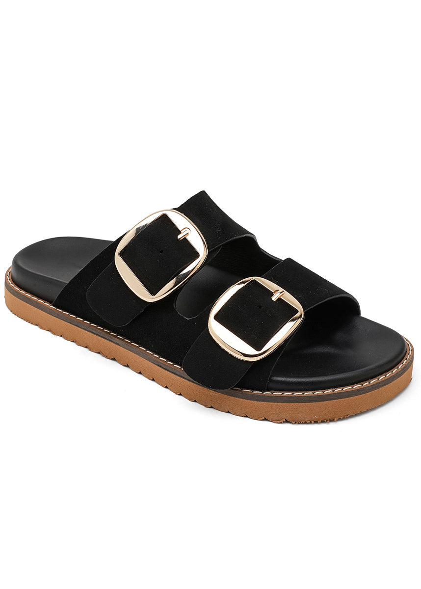 Slides mit doppelten Riemen und Schnallen