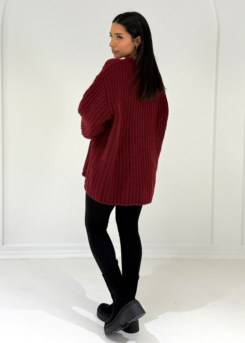 Oversize-Strickpullover mit Rundhalsausschnitt Dunkelrot
