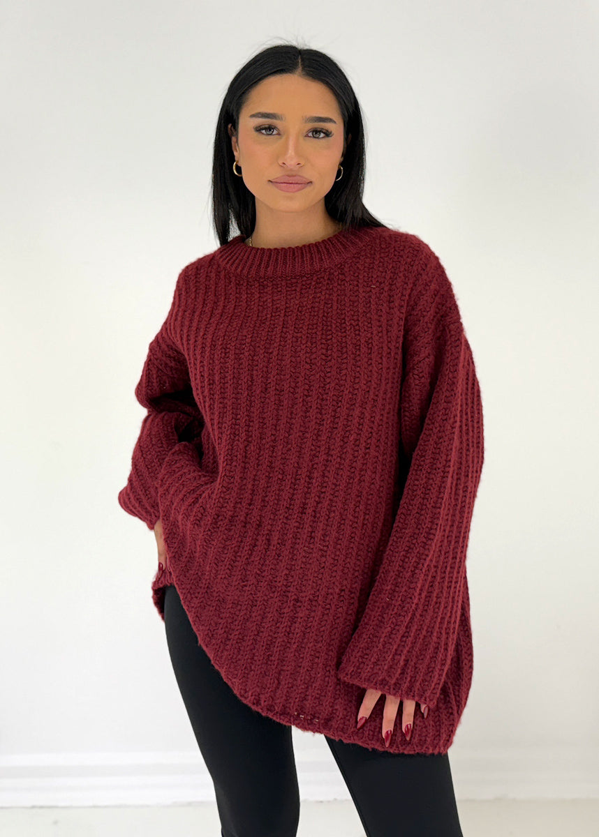 Oversize-Strickpullover mit Rundhalsausschnitt Dunkelrot