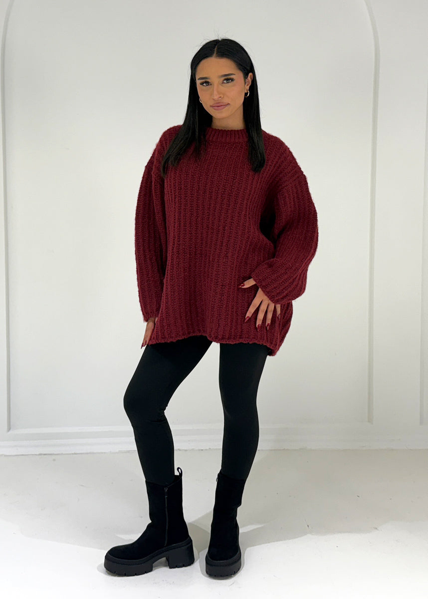 Oversize-Strickpullover mit Rundhalsausschnitt Dunkelrot