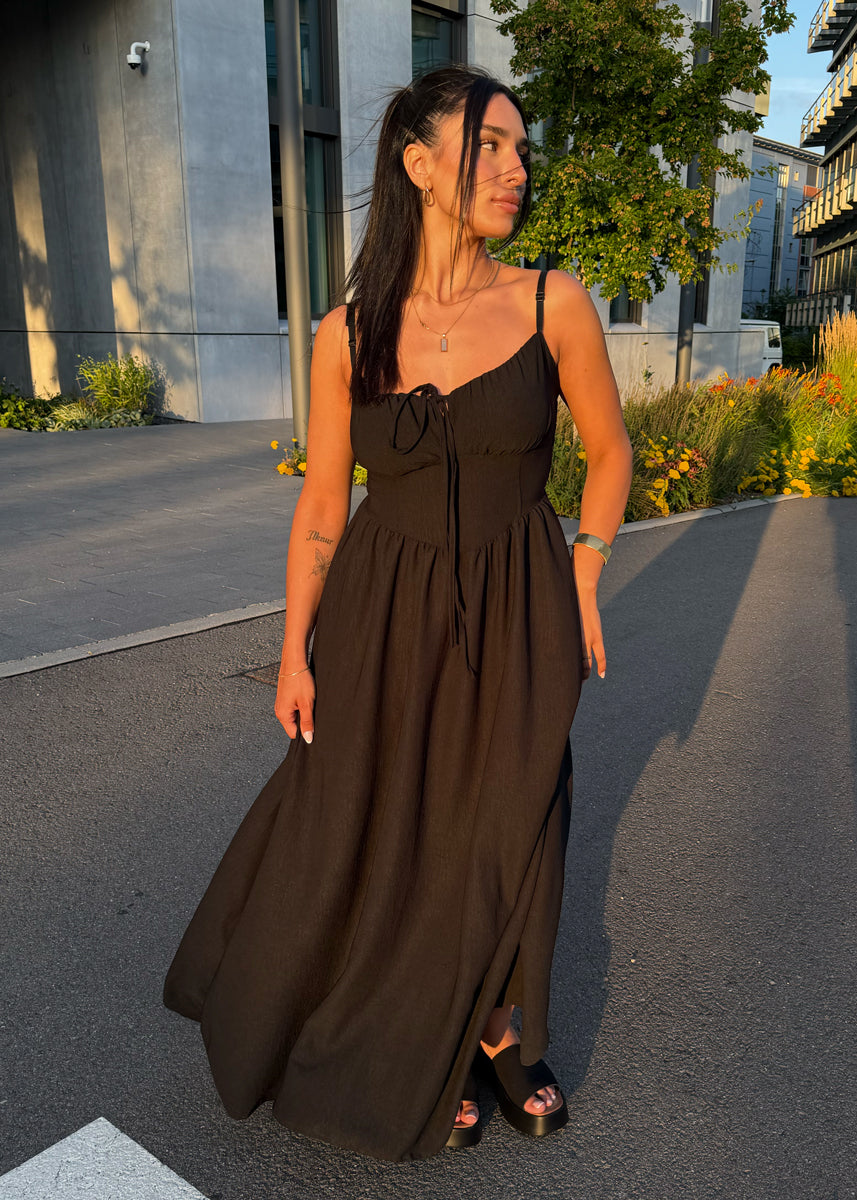 Maxikleid mit Schleife & Spaghettiträgern Schwarz