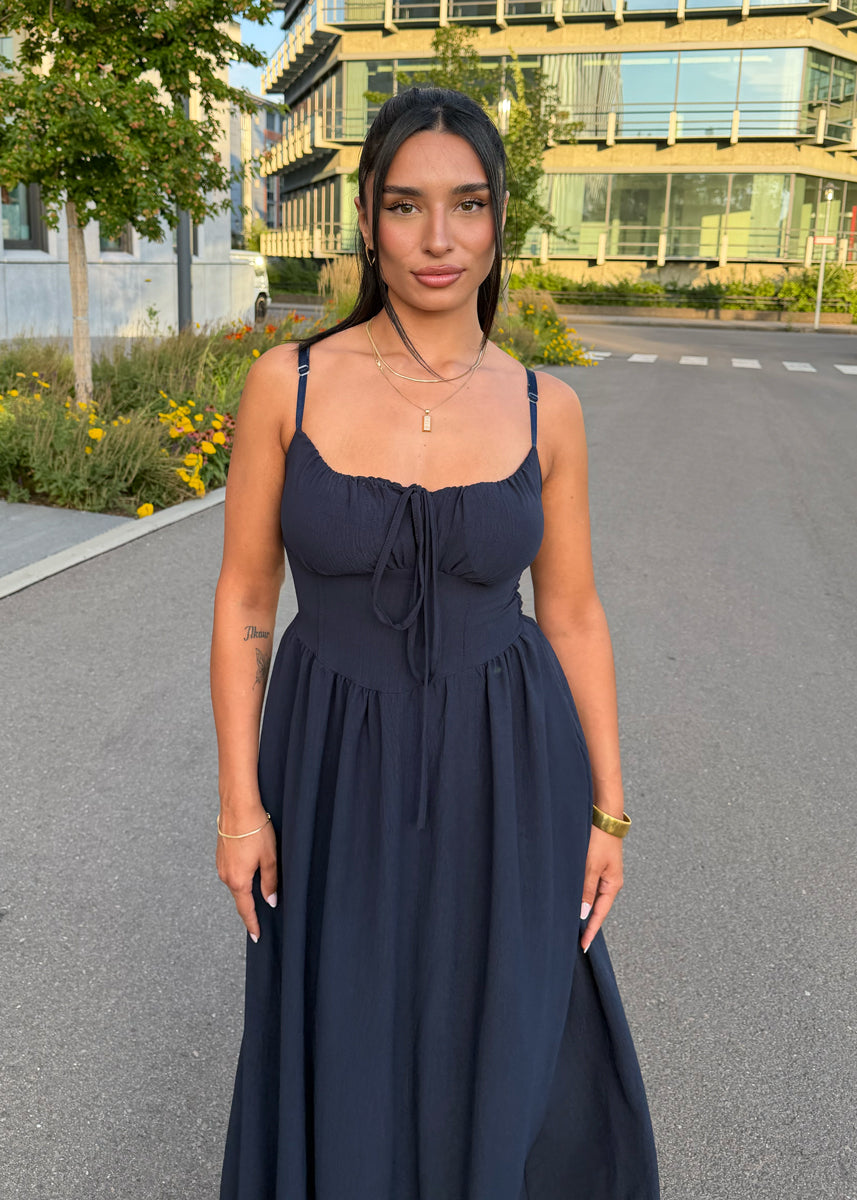 Maxikleid mit Schleife & Spaghettiträgern Dunkelblau