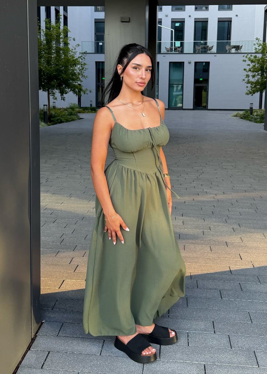 Maxikleid mit Schleife & Spaghettiträgern Khaki