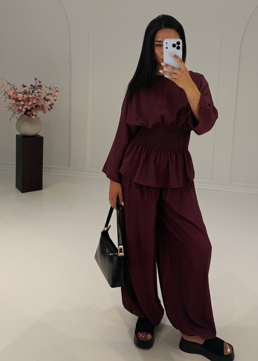 Zweiteiler Bordeaux Smok-Bluse & Haremshose - NAHA