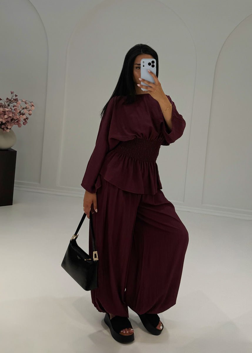 Zweiteiler Bordeaux Smok-Bluse & Haremshose - NAHA