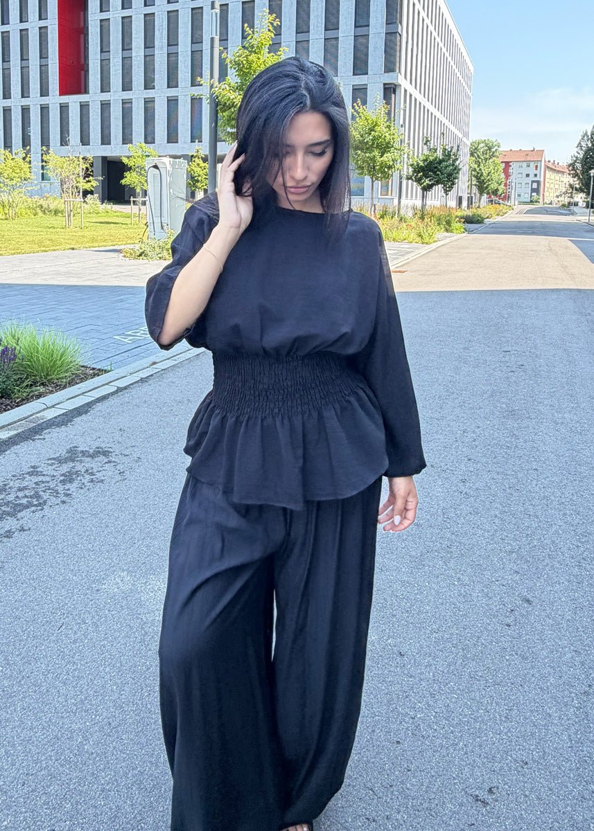 Zweiteiler Schwarz Smok-Bluse & Haremshose - NAHA