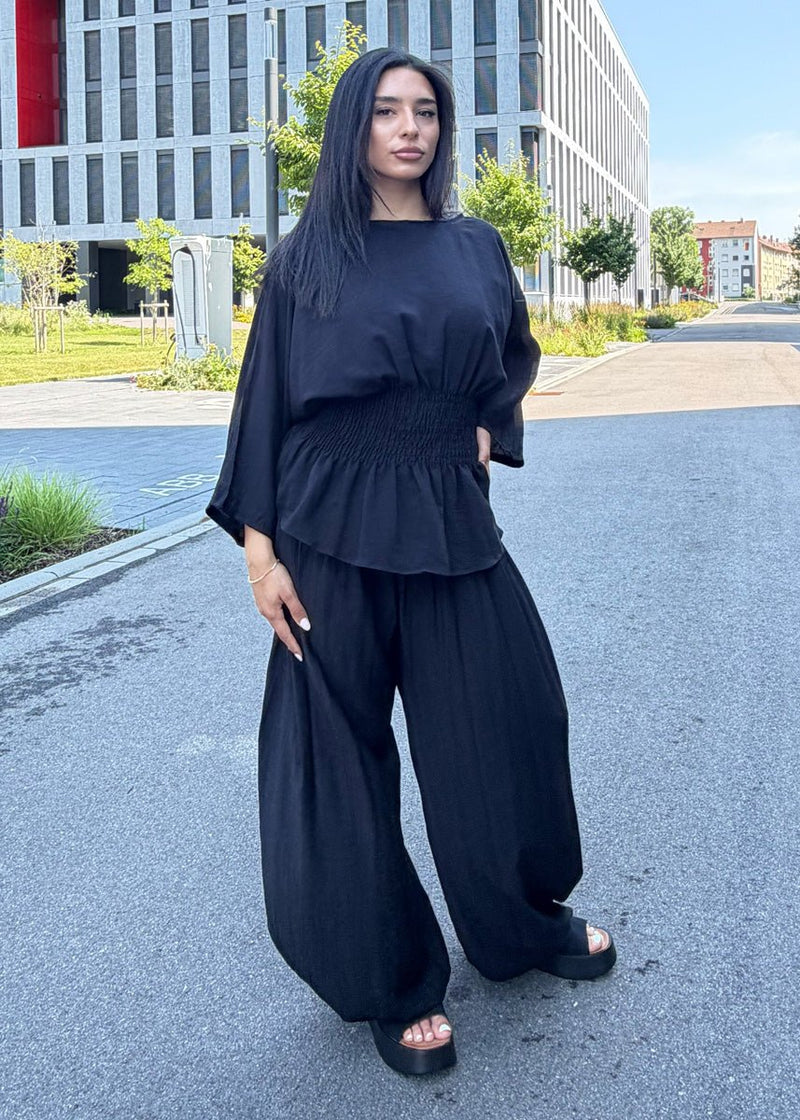 Zweiteiler Schwarz Smok-Bluse & Haremshose - NAHA