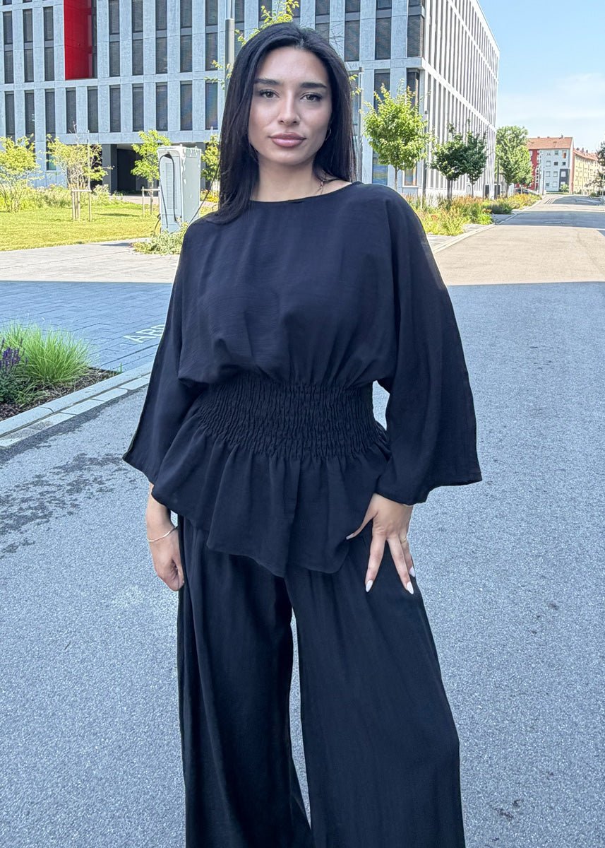 Zweiteiler Schwarz Smok-Bluse & Haremshose - NAHA
